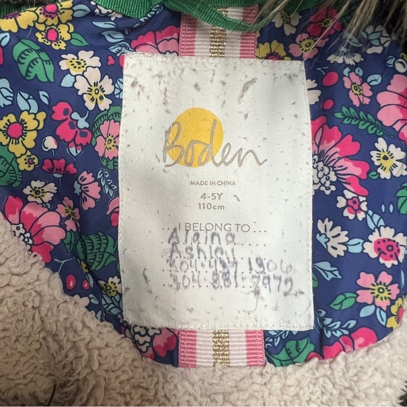 Mini Boden Puffer Coat Girls 4-5 Years Pink Blue Floral Toggle Winter Jacket - Picture 6 of 7